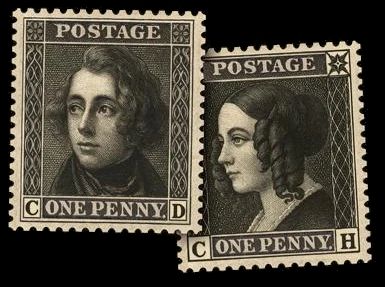 Two stamps with the faces of a young Mr and Mrs Dickens